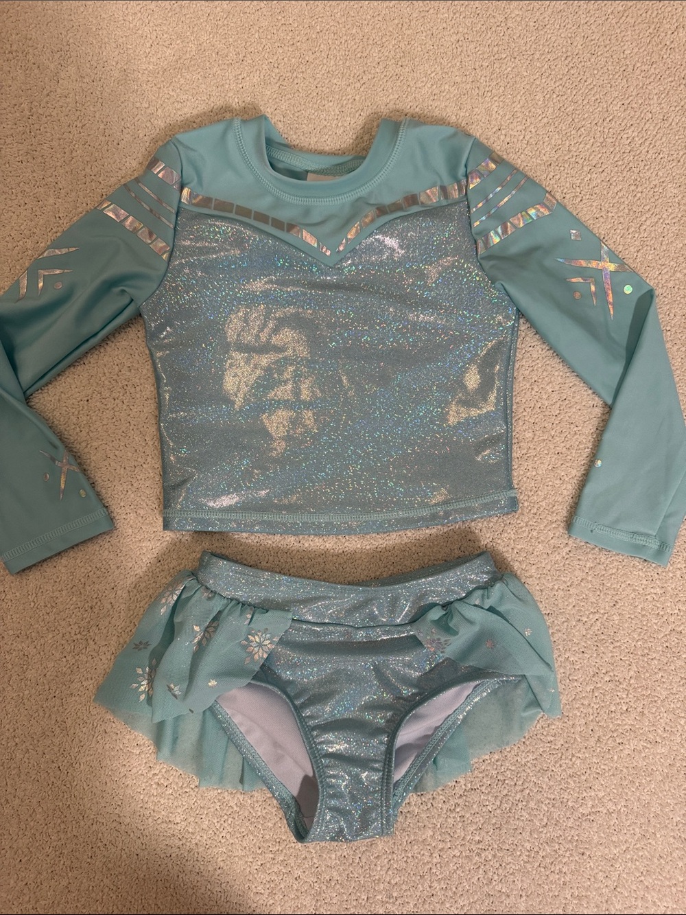 Disney Girls' Shimmery Teal Frozen Elsa Style Long-Sleeve Rashguard Swim Set